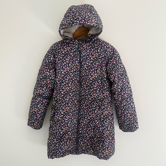 Lands' End Floral Long Winter Parka Hooded Coat Faux Fur Lining Sz Large 10-12